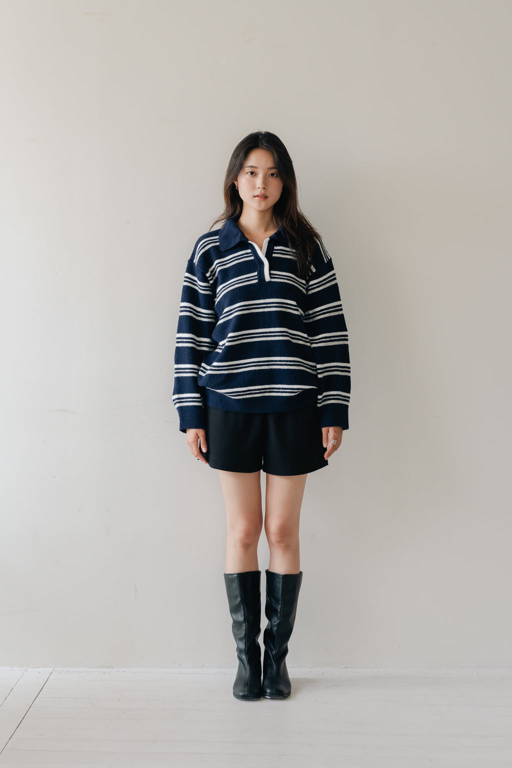 Border Knit Polo-NAVY