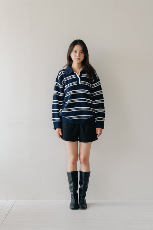 Border Knit Polo-NAVY
