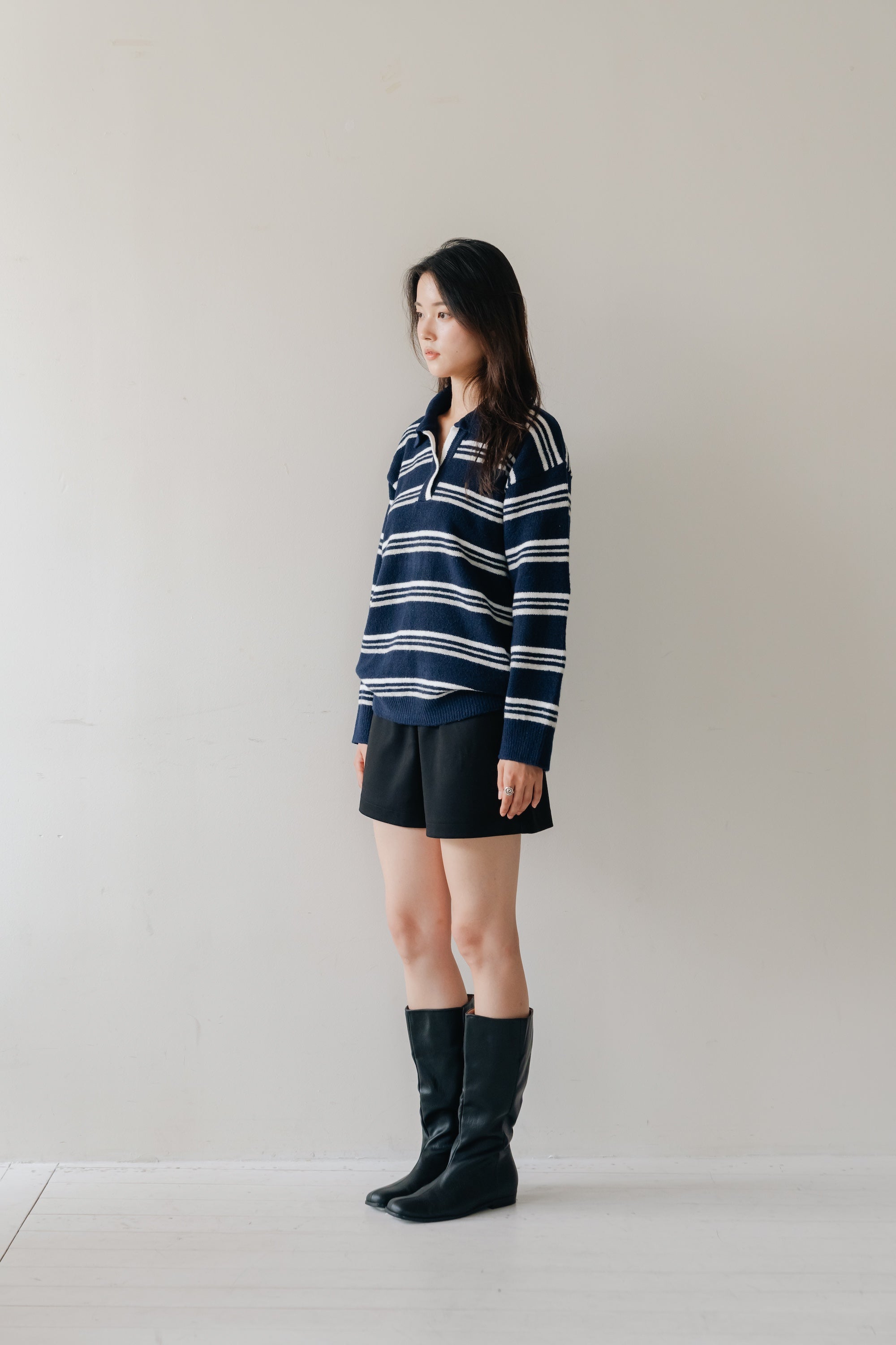 Border Knit Polo-NAVY
