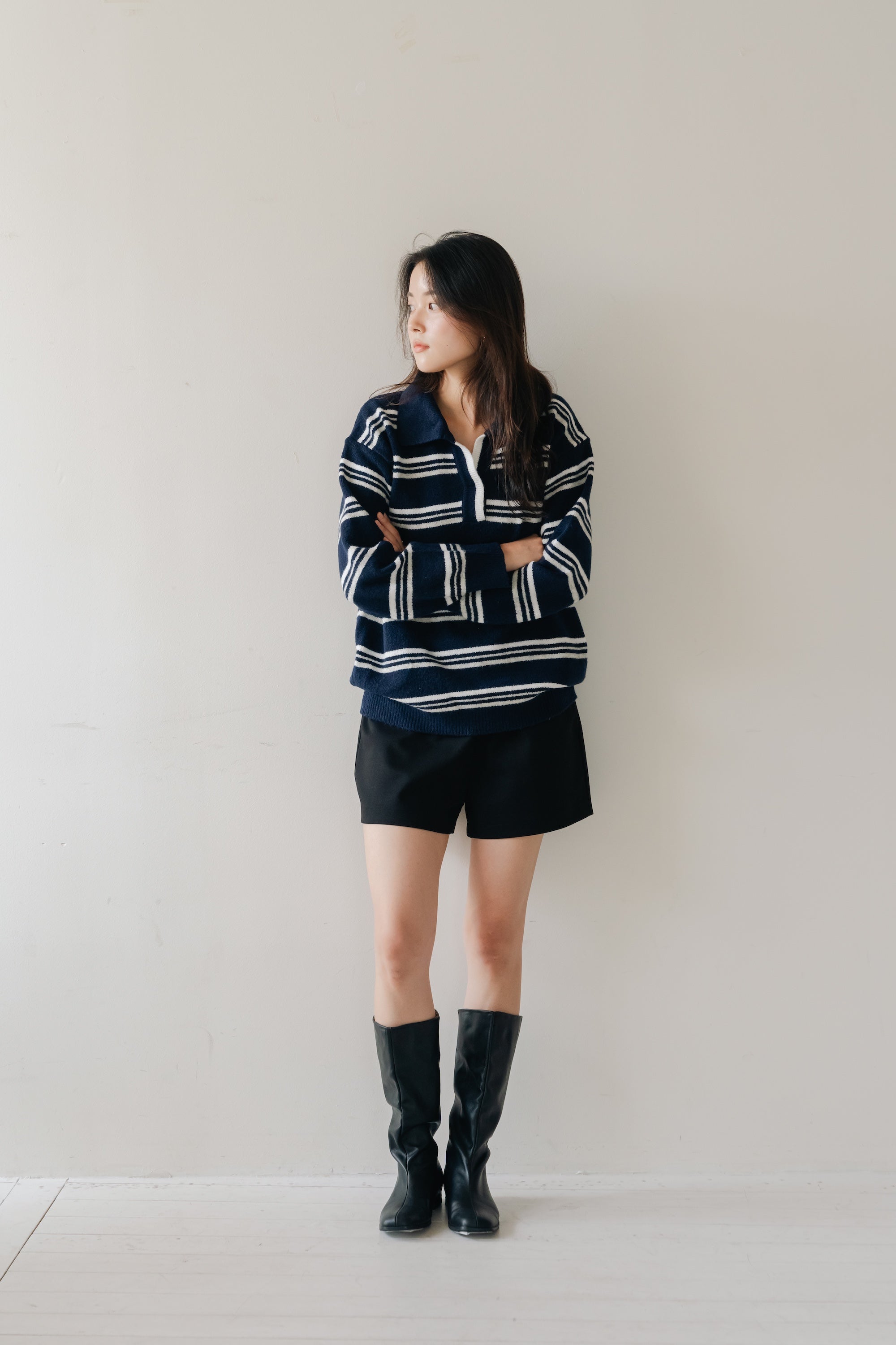 Border Knit Polo-NAVY