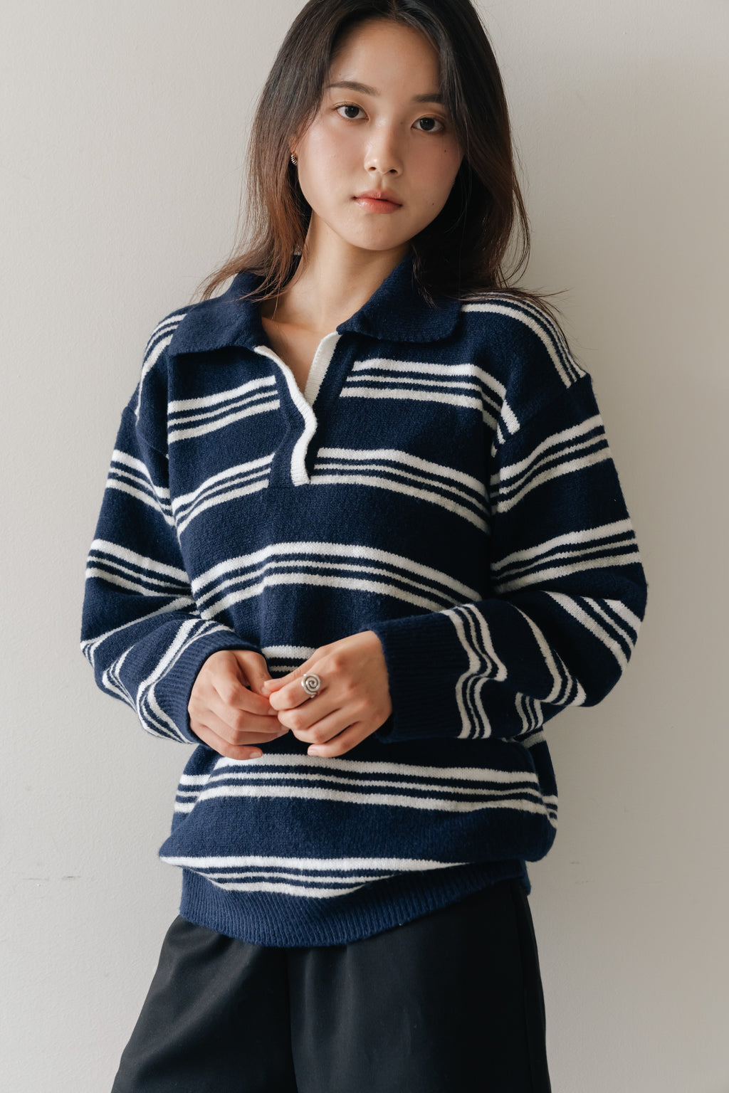 Border Knit Polo-NAVY
