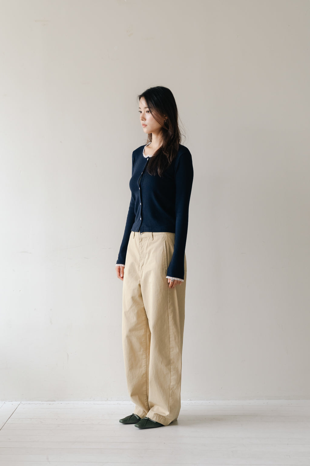 Lace frill hem cardigan-NAVY