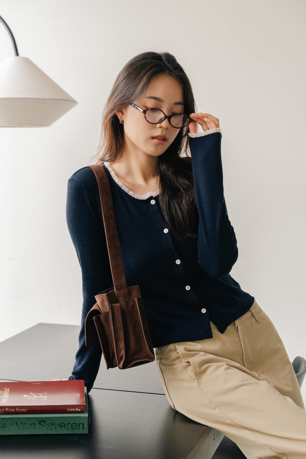 Lace frill hem cardigan-NAVY