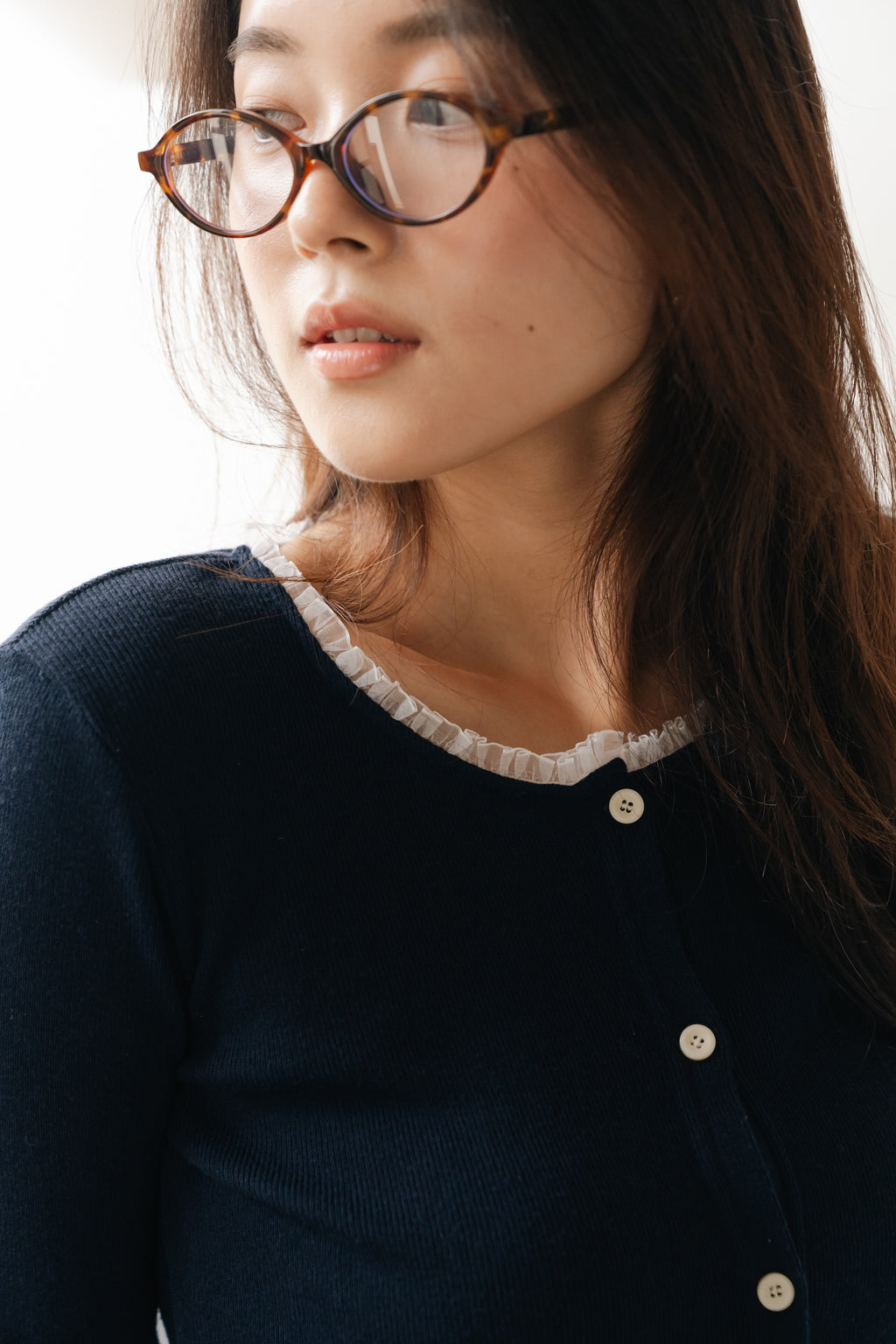Lace frill hem cardigan-NAVY