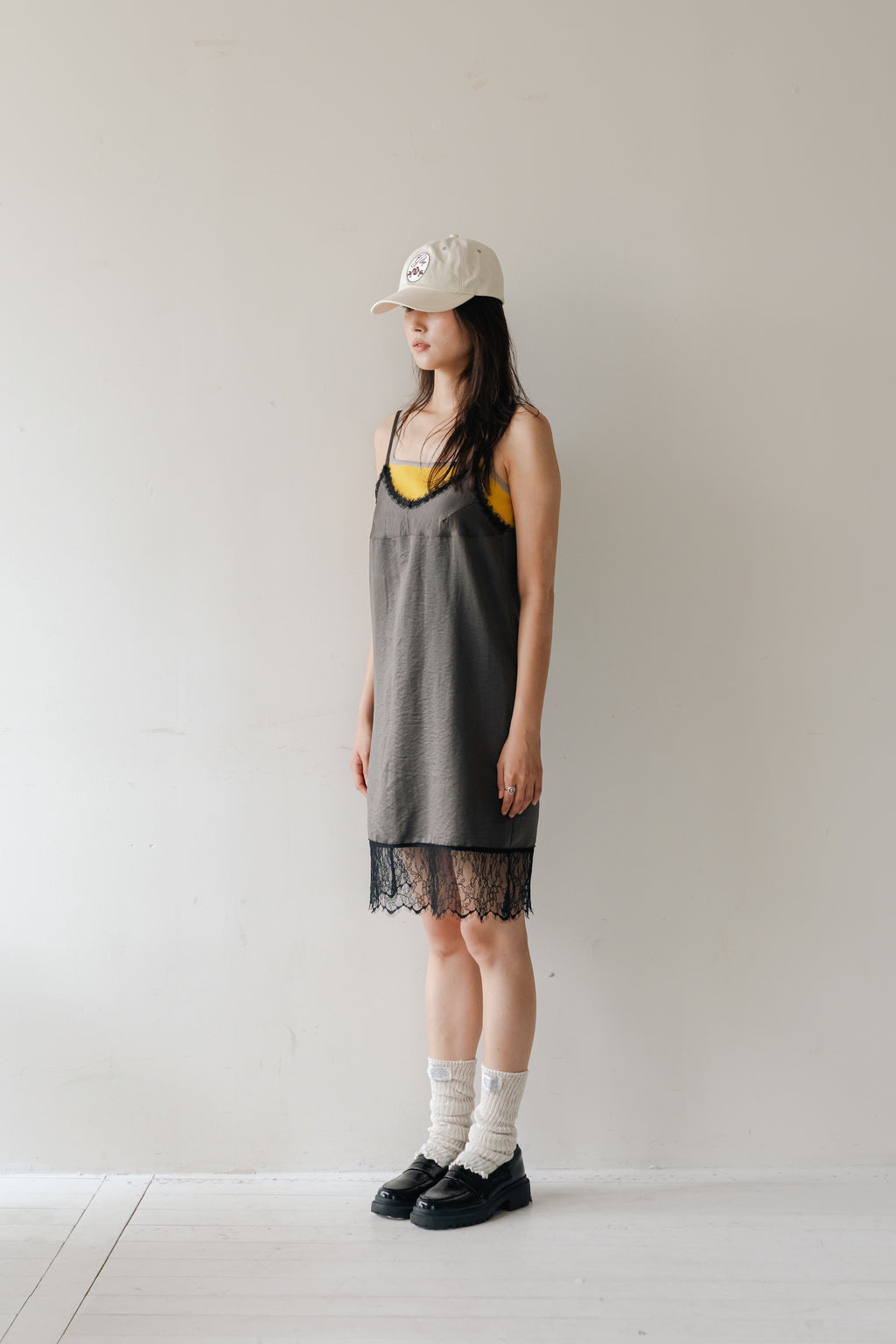 Satin lace cami one piece-CHARCOAL