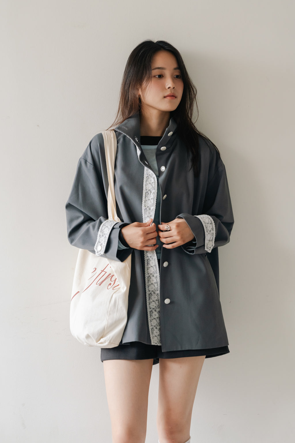 Lace Volume Coat-GREY