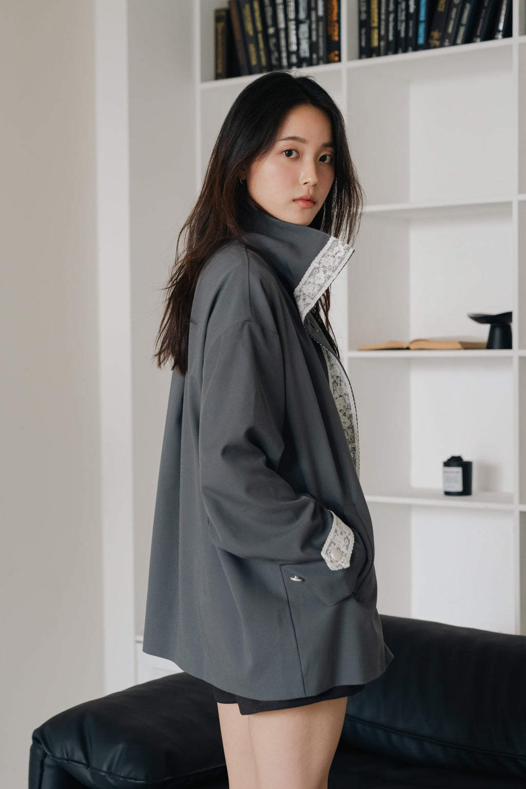 Lace Volume Coat-GREY