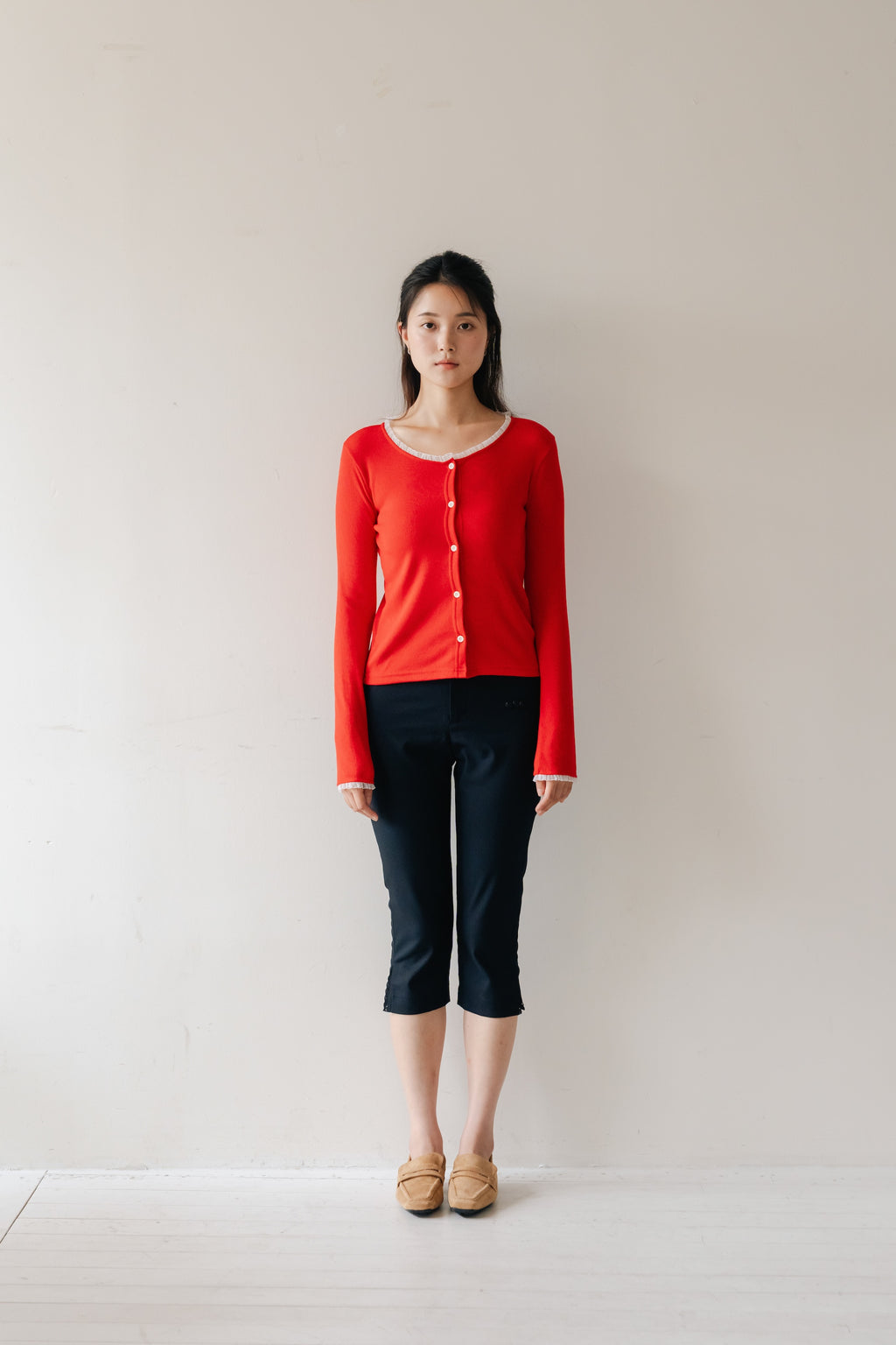Lace frill hem cardigan-RED