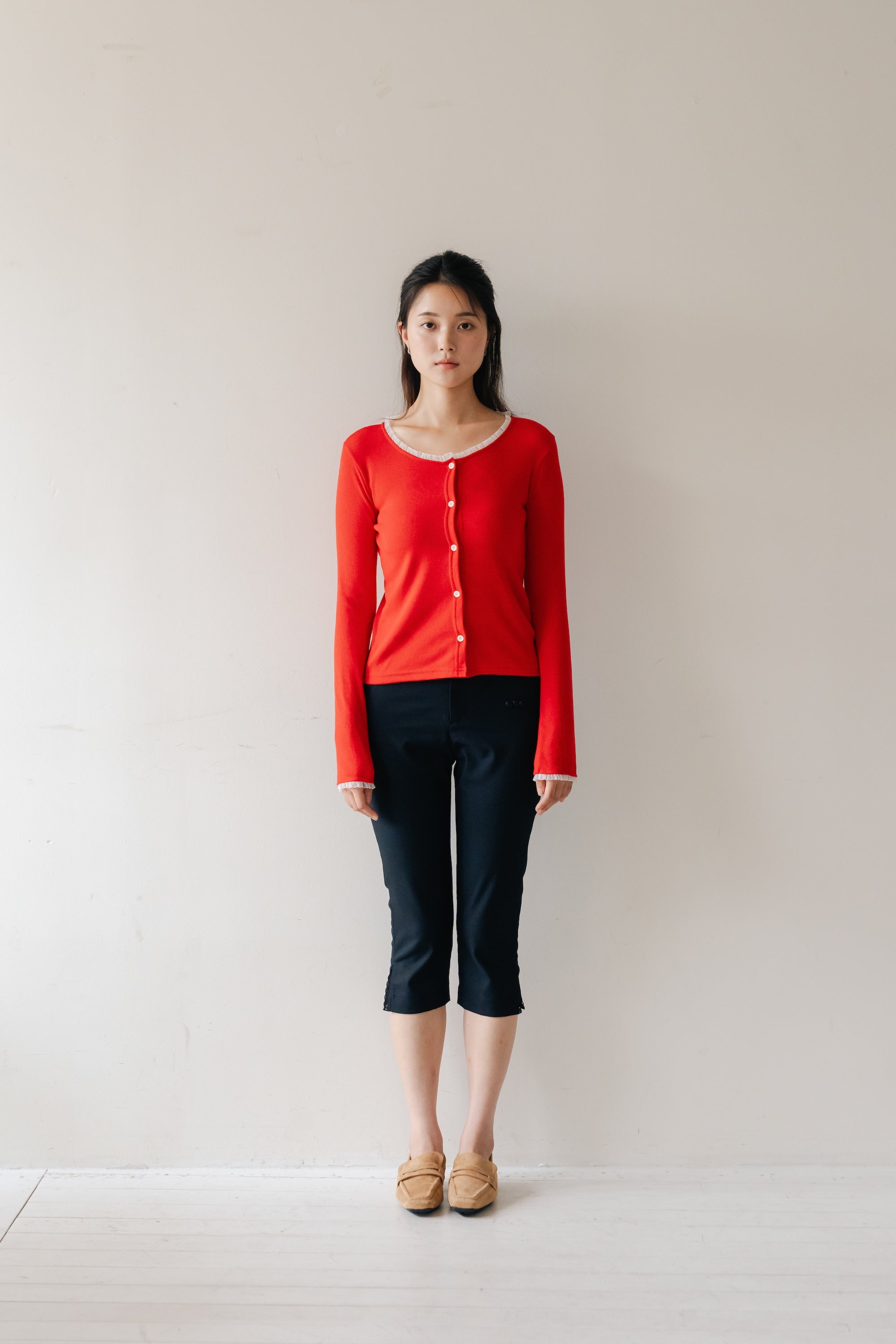 Lace frill hem cardigan-RED