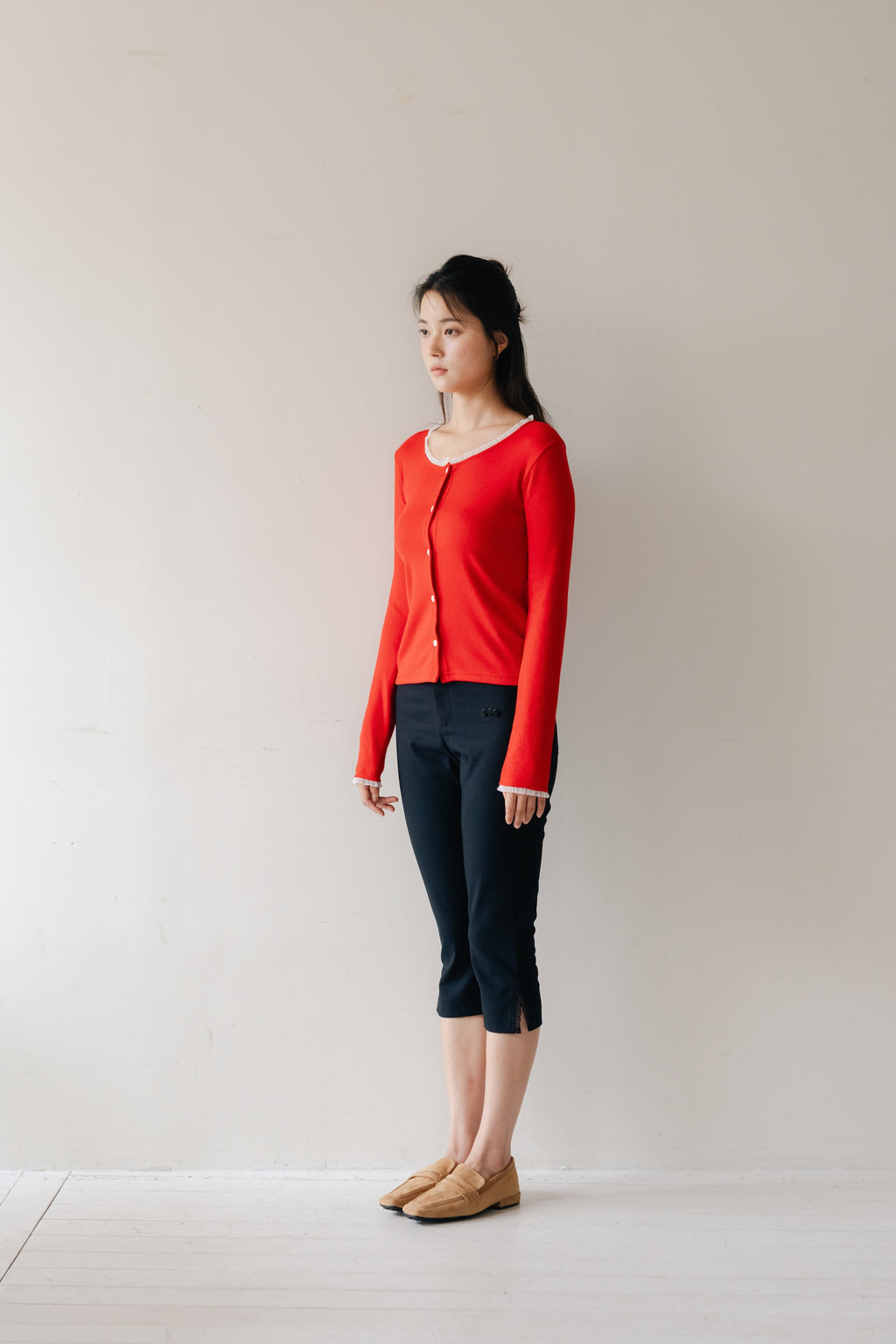 Lace frill hem cardigan-RED