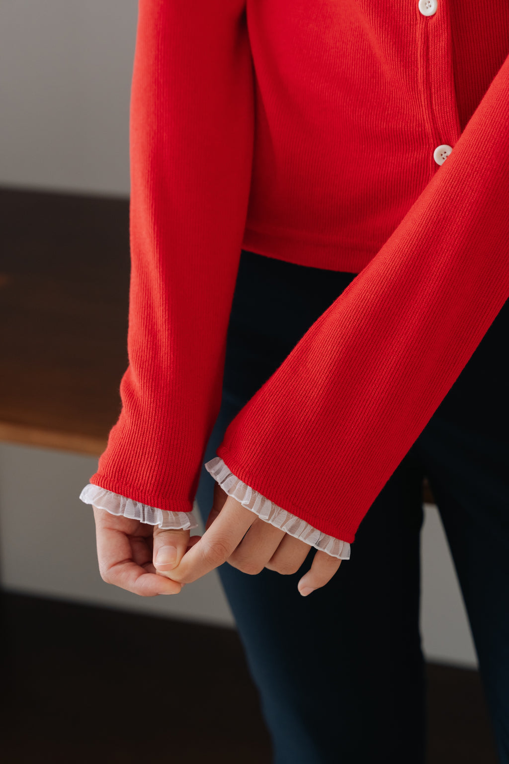 Lace frill hem cardigan-RED