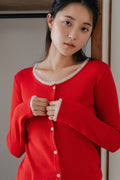 Lace frill hem cardigan-RED