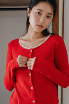 Lace frill hem cardigan-RED