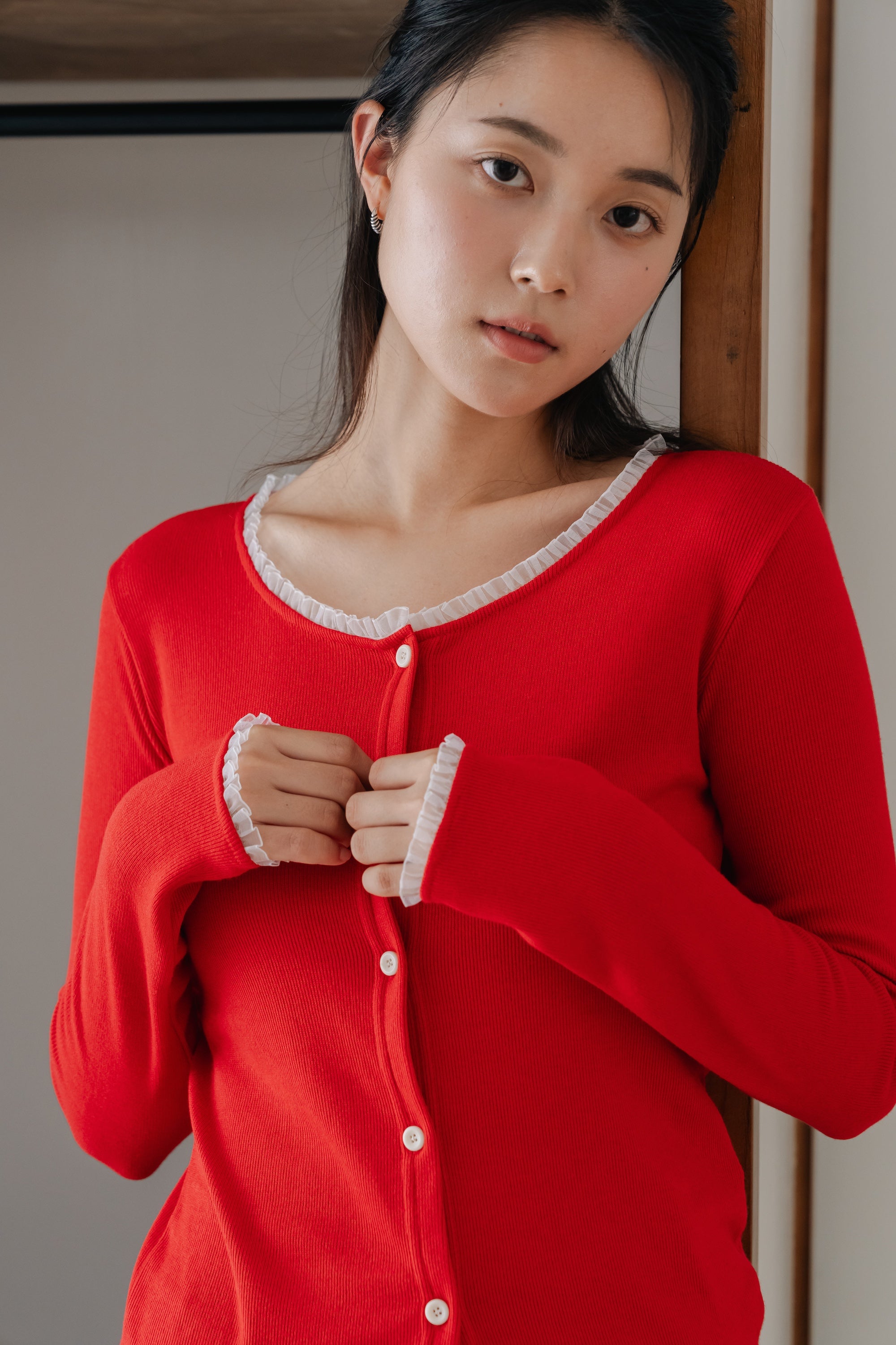 Lace frill hem cardigan-RED