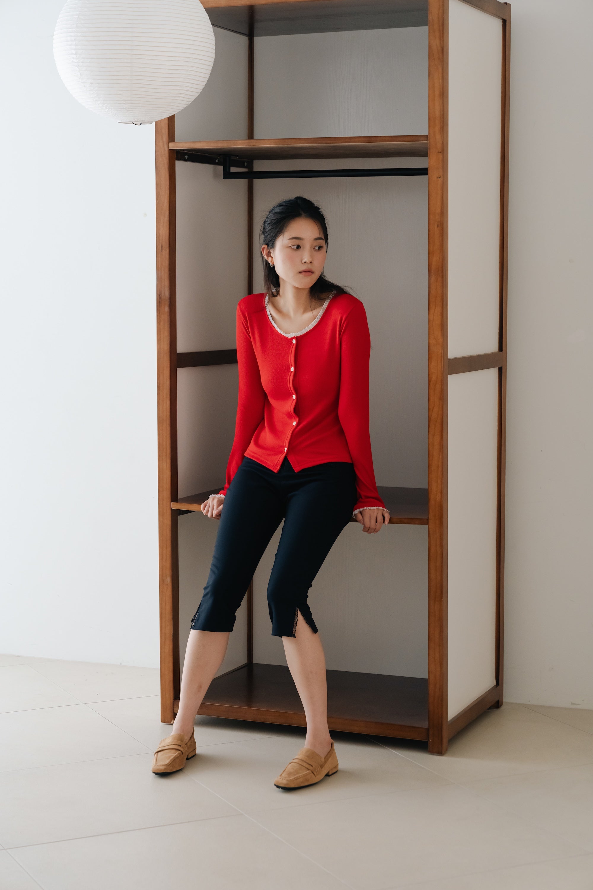 Lace frill hem cardigan-RED