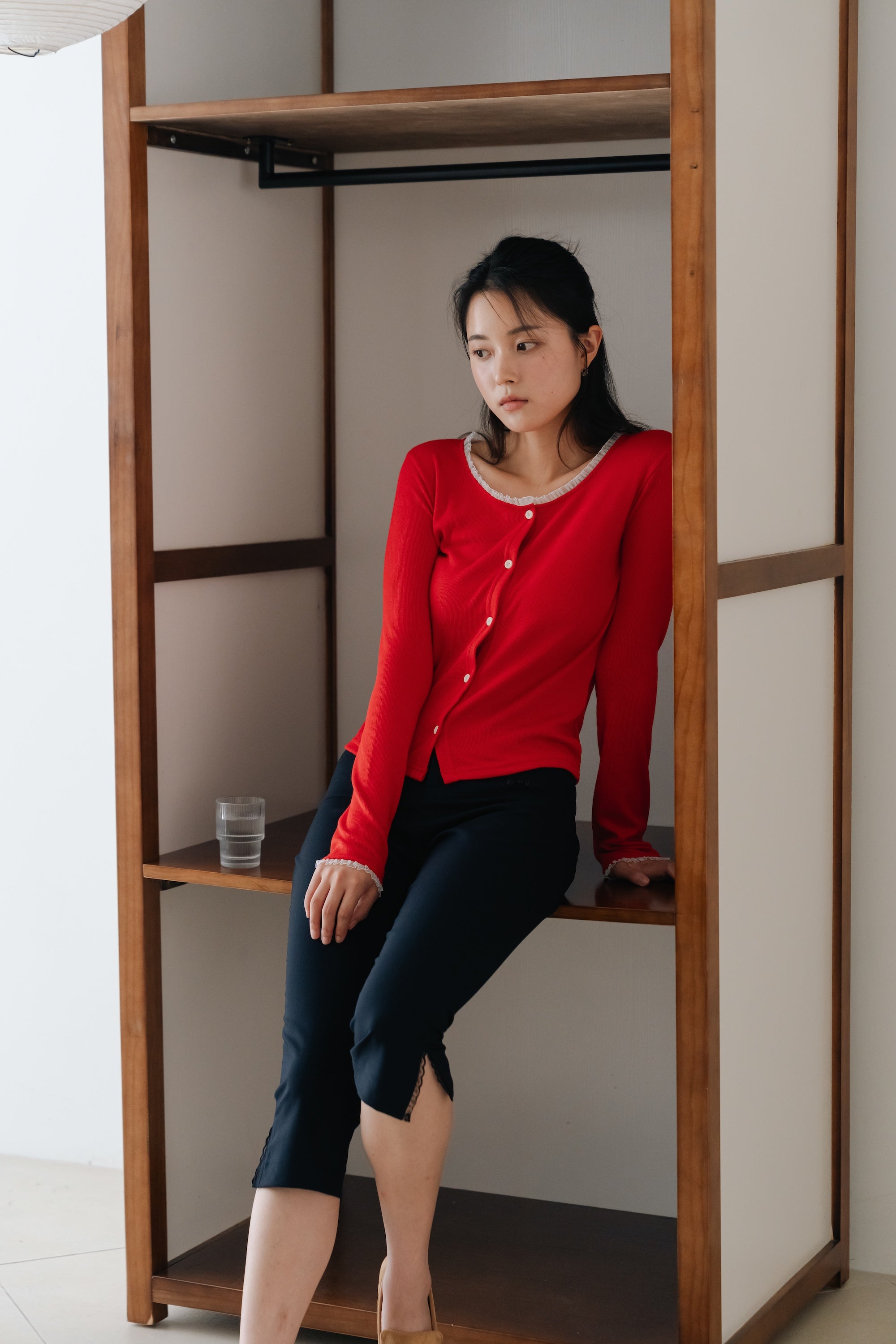 Lace frill hem cardigan-RED