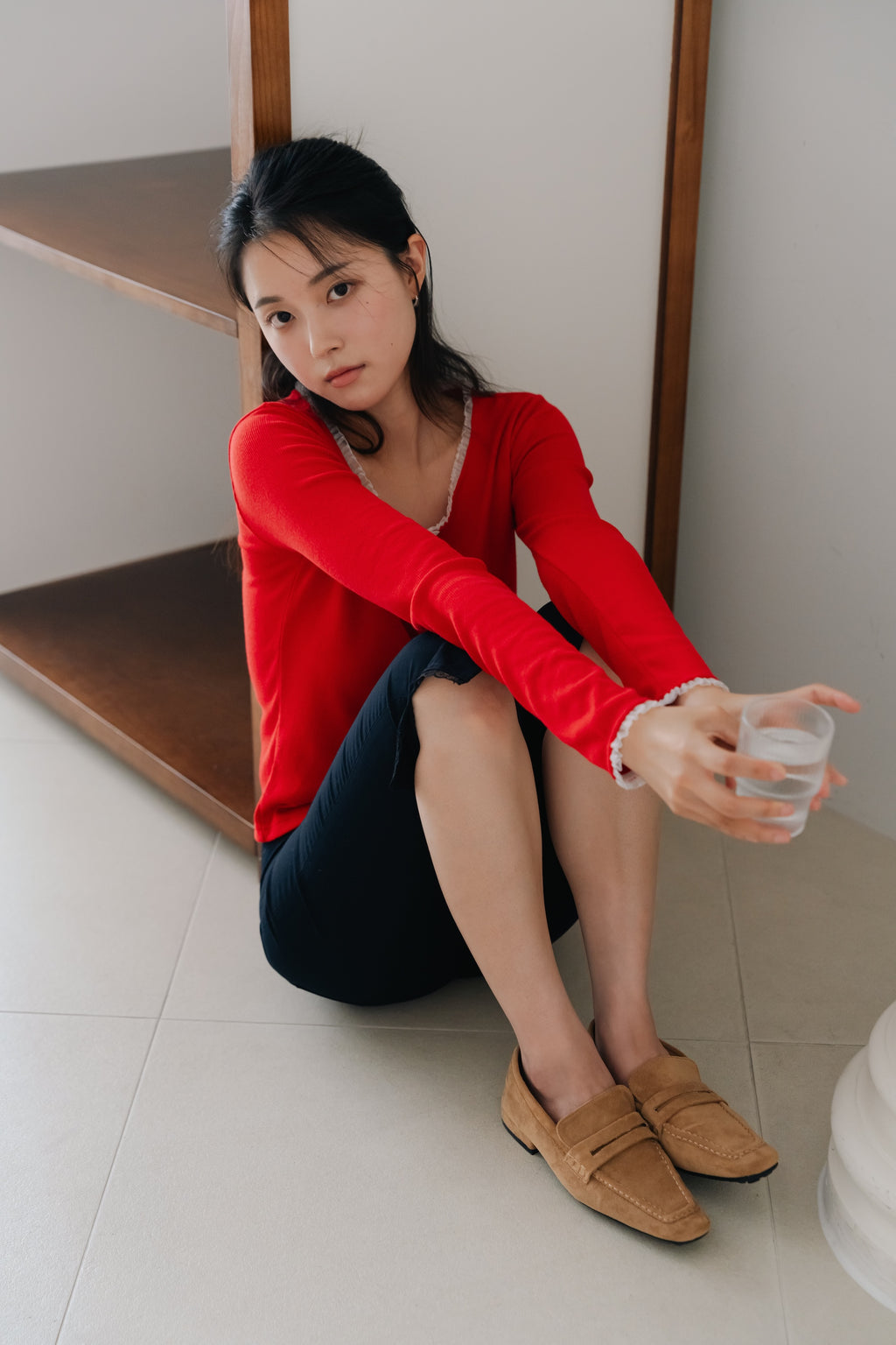 Lace frill hem cardigan-RED