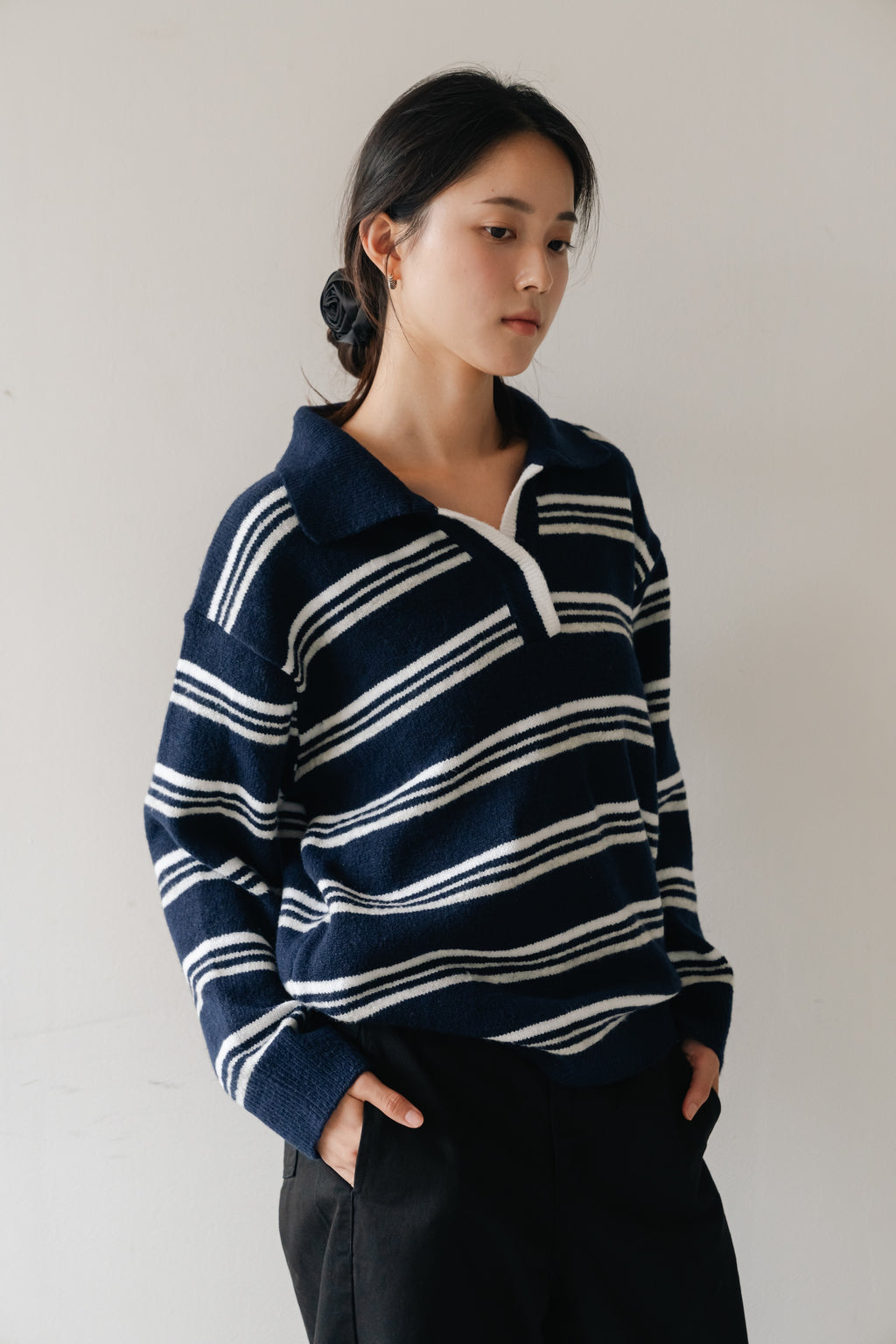 Border Knit Polo-NAVY