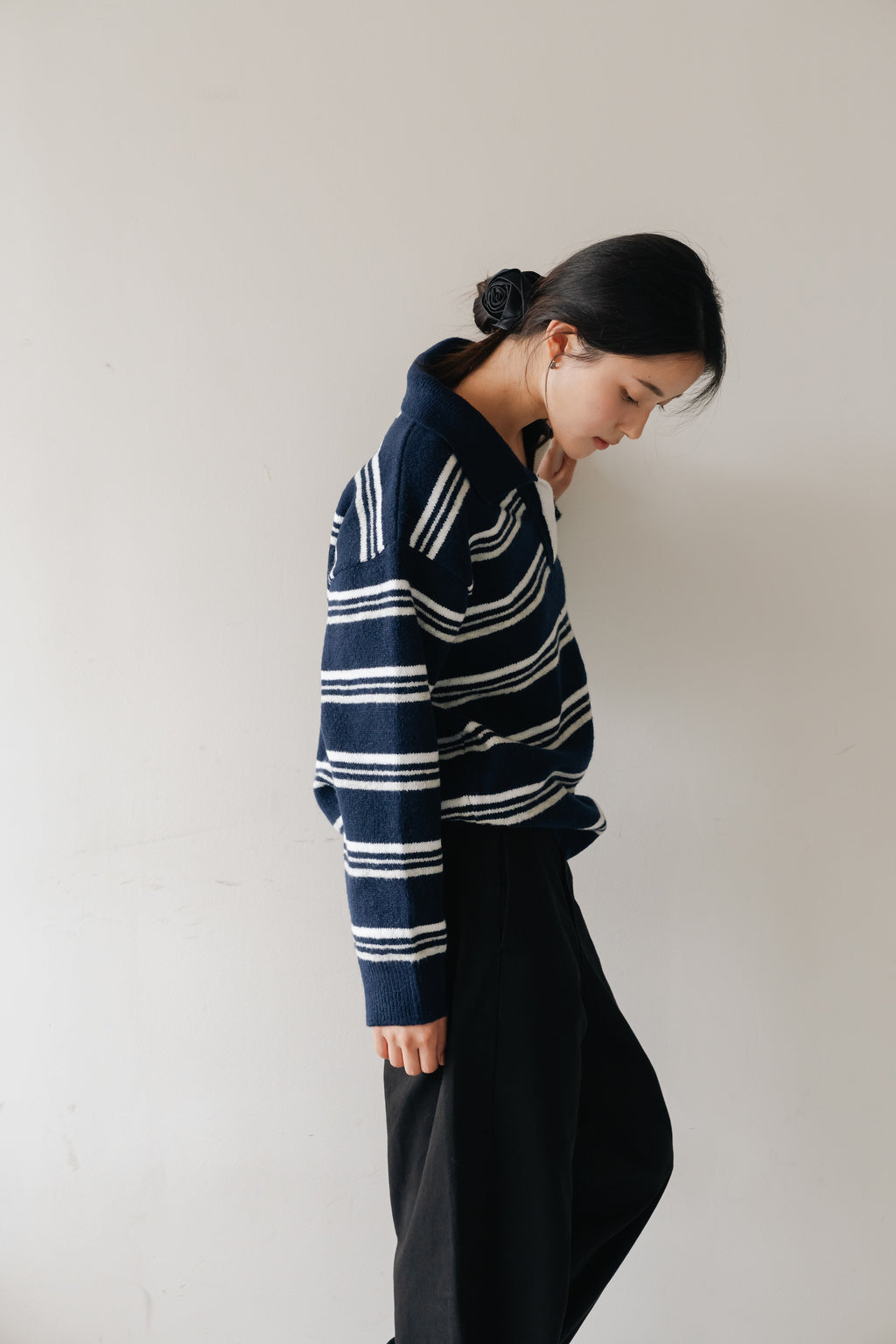 Border Knit Polo-NAVY