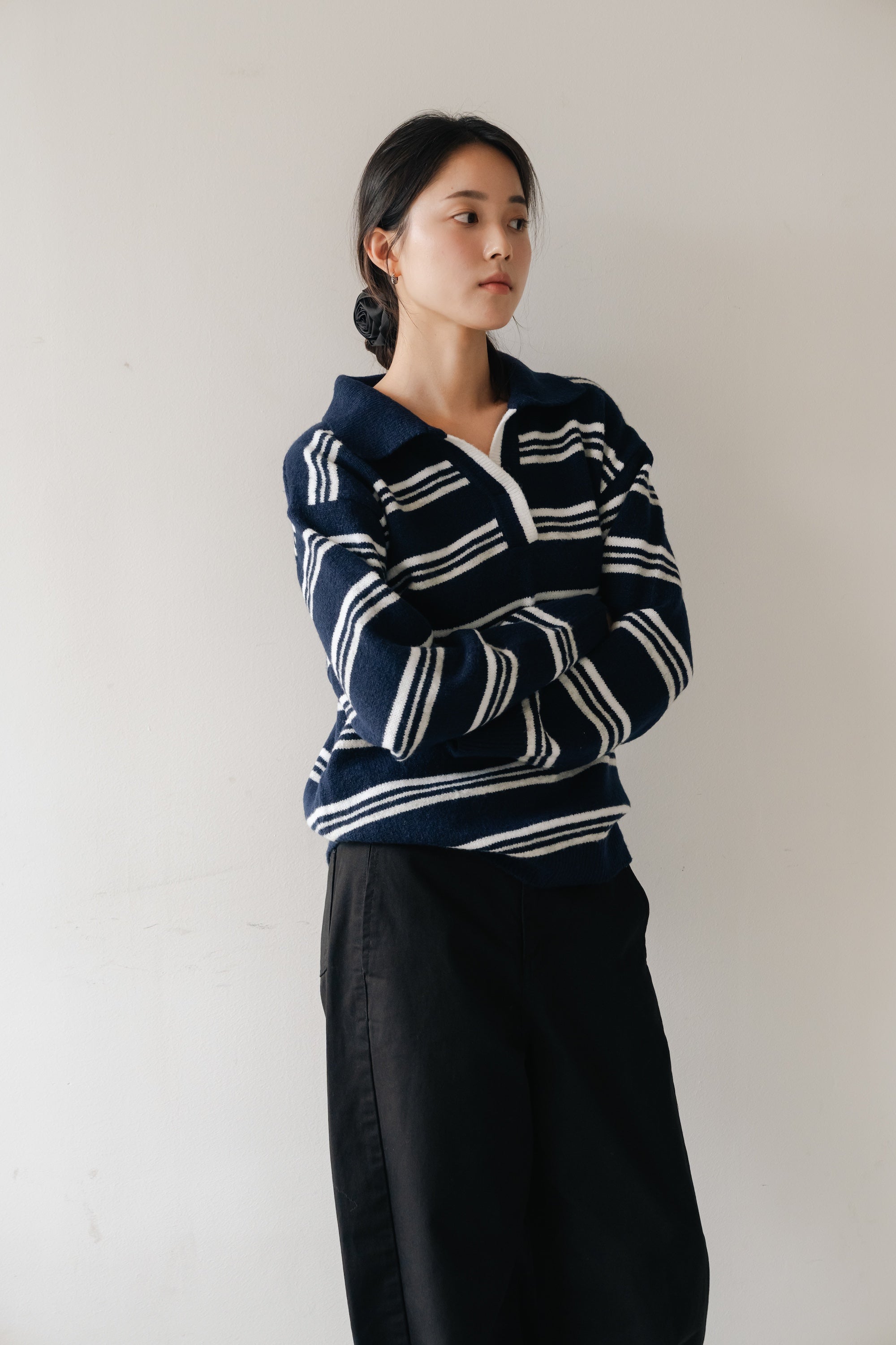 Border Knit Polo-NAVY