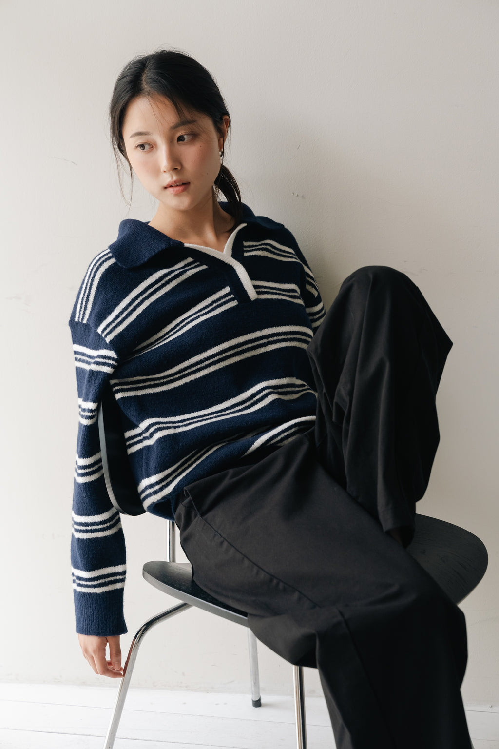 Border Knit Polo-NAVY