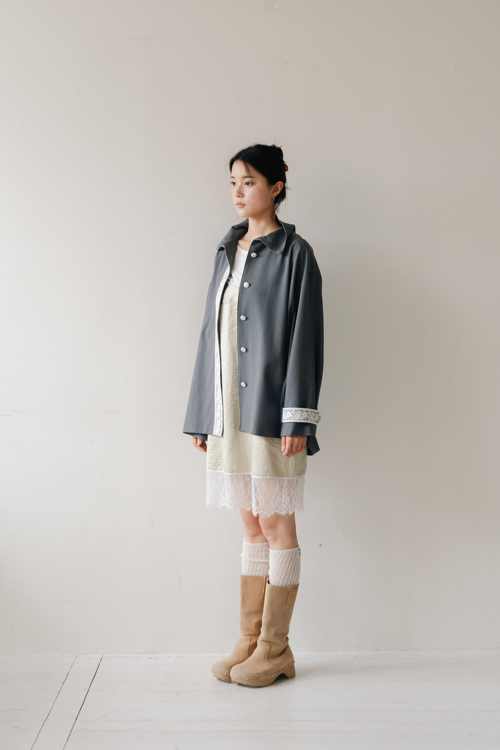 Lace Volume Coat-GREY